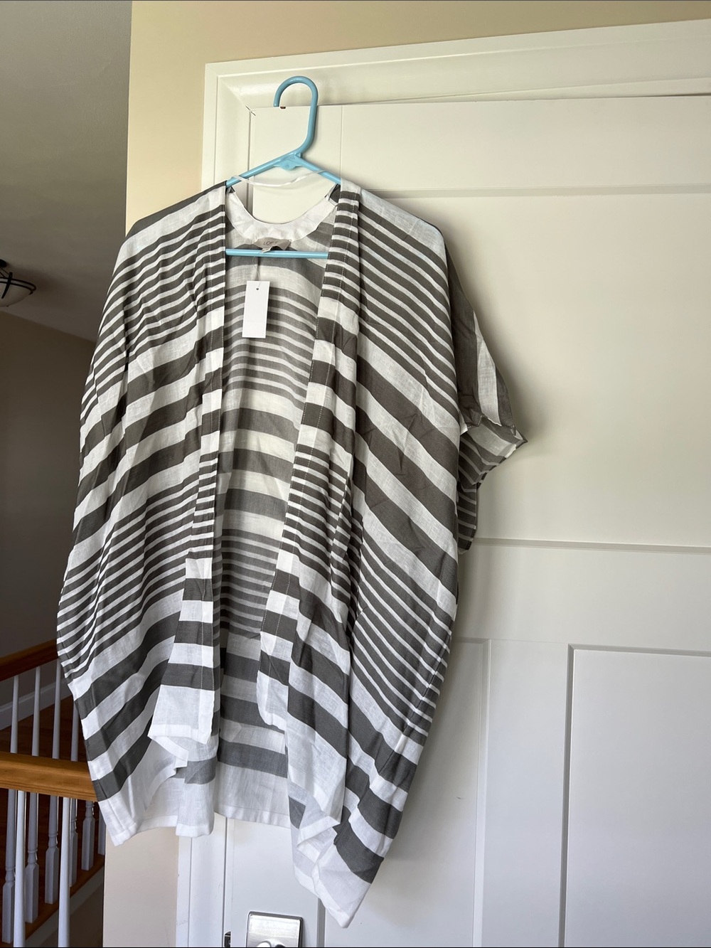 LOFT Striped Open-Front Layering Kimono - Gray & White